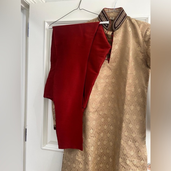 Gold and Red Kurta Pajama Set - Picture 4 of 7